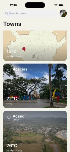 The Color Hunt town discovery screen listing Colombian municipalities with their weather